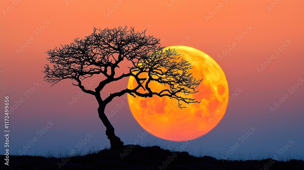 Fototapeta premium The stark silhouette of a leafless tree against a full moon, its branches casting intricate shadows on the ground below.