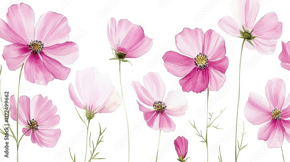 Watercolor Illustration set of Pink cosmos flowers on a white background,spring summer nature,Vibrant pink cosmos blooming,Children's card,banner,raindrops drawn by hand. Watercolor Illustration set of Pink cosmos flowers on a white background,spring summer nature,Vibrant pink cosmos blooming,Children's card,banner,raindrops drawn by hand.