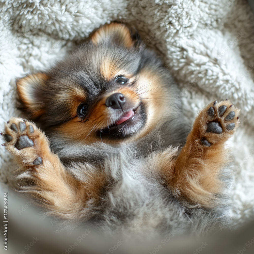 Obraz premium Playful puppy relaxing in cozy blanket, paws up, happy expression