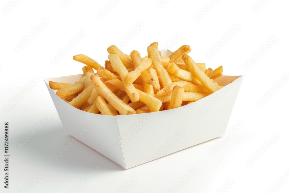 Multiple French fries in white box on white background. Multiple French fries in white box on white background.