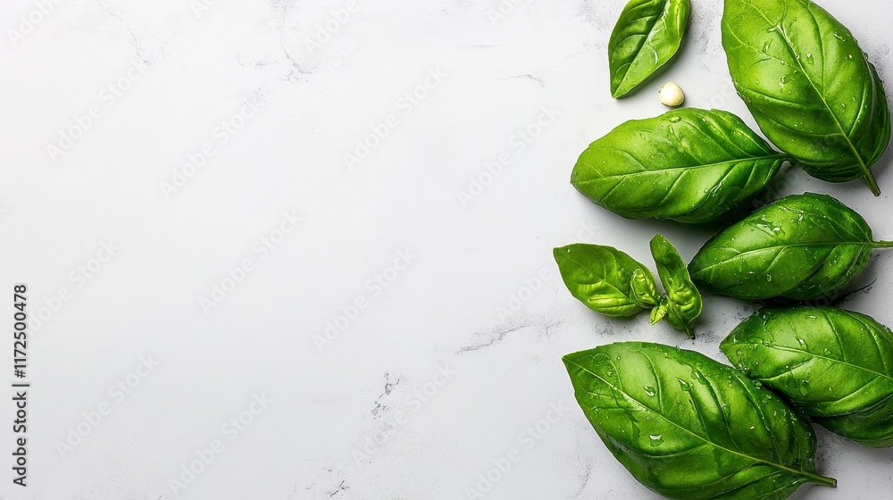 Obraz premium Fresh basil leaves arranged artistically on a marble surface, highlighting the vibrant green color and natural textures.