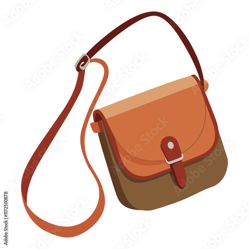 Modern Crossbody Bag with Teal and Coral Design, Illustration of a stylish crossbody bag with a teal flap, coral body, button clasp, and adjustable coral strap in a modern style.  
