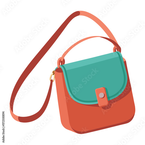 Modern Crossbody Bag with Teal and Coral Design, Illustration of a stylish crossbody bag with a teal flap, coral body, button clasp, and adjustable coral strap in a modern style.  
