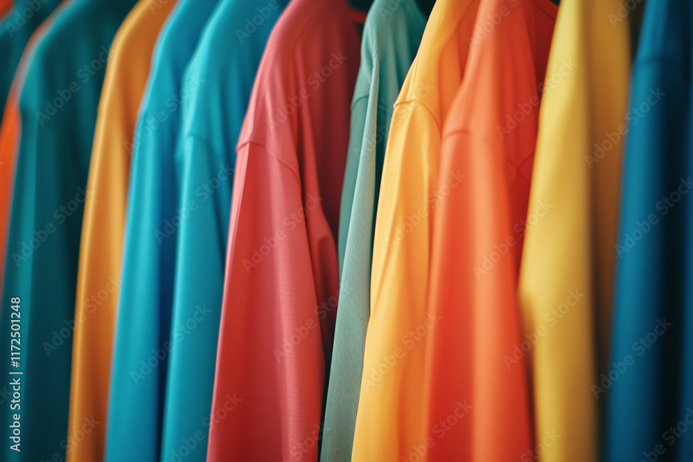 a row of colorful shirts hanging on hangers in a closet or on a counter. a row of colorful shirts hanging on hangers in a closet or on a counter.