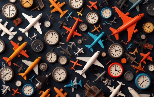 Vibrant collage of clocks, airplanes, and sleepy faces, artistically portraying jet lag and global travel