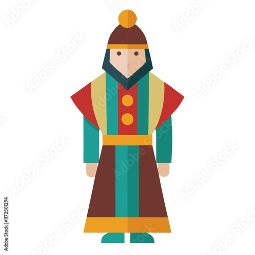 Person in Traditional Multicolored Cultural Attire, Flat illustration of a person wearing traditional cultural clothing with vibrant red, green, yellow, and brown tones, featuring a headdress and orna