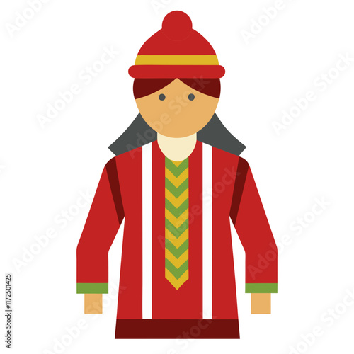 Person in Red Traditional Attire with Hat, Flat illustration of a person wearing red traditional clothing featuring green and yellow accents, a patterned design, and a matching red hat.  
