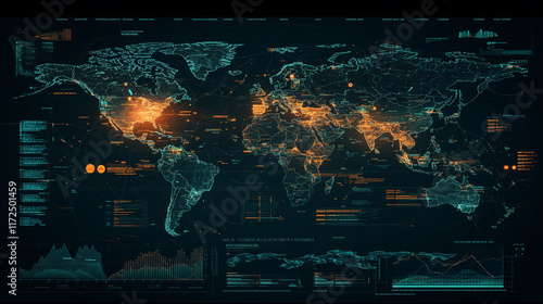 world map overlaid with interconnected lines and neon light effect, abstract digital planet world map background communication concept, abstract dot point connect with gradient line concept world map.