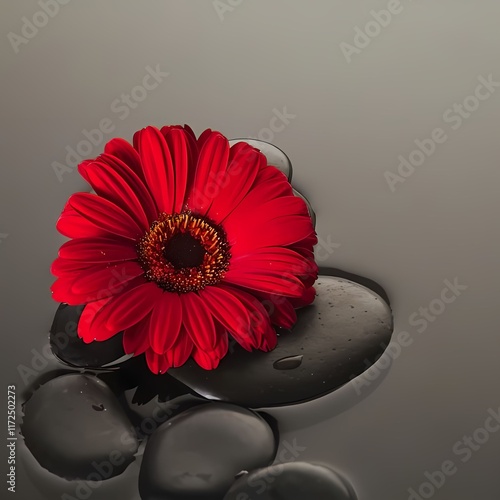 red gerbera on black stones