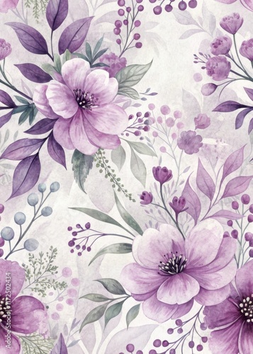 A delicate floral pattern featuring soft purple blooms and greenery, perfect for adding a touch of elegance to any design.