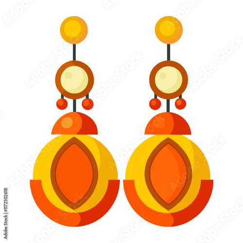 Elegant Yellow and Orange Dangle Earrings, Illustration of sophisticated dangle earrings in yellow and orange tones, featuring layered shapes and intricate, modern detailing. 
