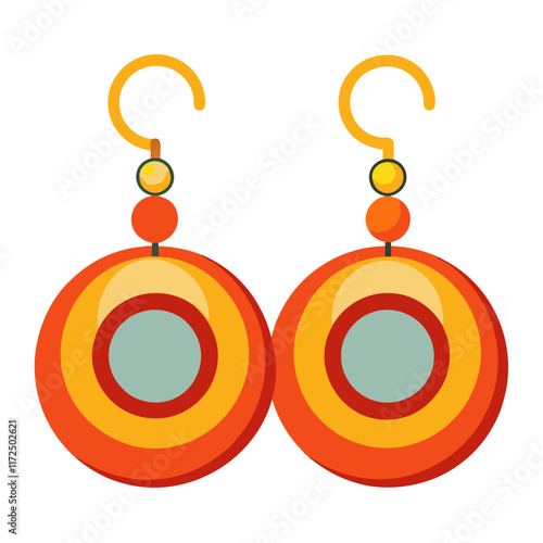 Bold Circular Multicolored Dangle Earrings, Illustration of circular dangle earrings with vibrant orange, yellow, and red concentric patterns, featuring a modern, stylish design. 
