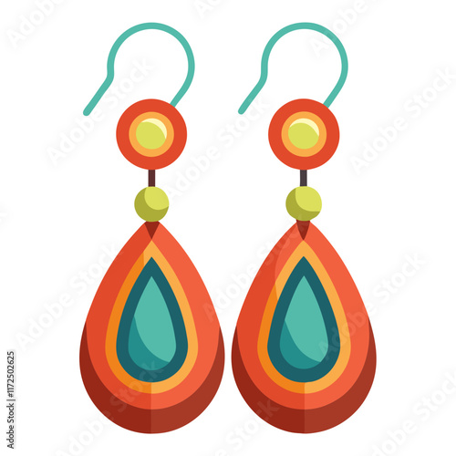 Vibrant Layered Teardrop Dangle Earrings, Illustration of colorful teardrop-shaped dangle earrings with layered orange, teal, and yellow patterns in a bold modern design. 
