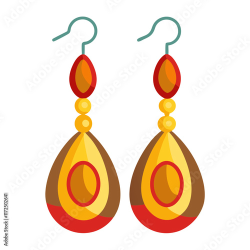 Elegant Multicolored Teardrop Dangle Earrings, Illustration of teardrop-shaped dangle earrings in red, gold, and brown tones with intricate patterns and a sophisticated design. 
