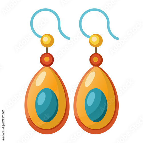Colorful Teardrop Dangle Earrings Design, Illustration of teardrop-shaped dangle earrings in orange, gold, and teal with intricate details and a vibrant modern design. 
