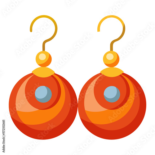 Bold Red Circular Dangle Earrings Design, Illustration of bold circular dangle earrings in red and orange with gold accents and a modern, vibrant aesthetic. 
