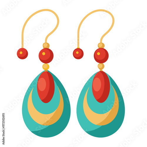 Elegant Teardrop Dangle Earrings Illustration, Illustration of elegant teardrop-shaped dangle earrings in teal, gold, and red with ornate patterns and a sophisticated design. 
