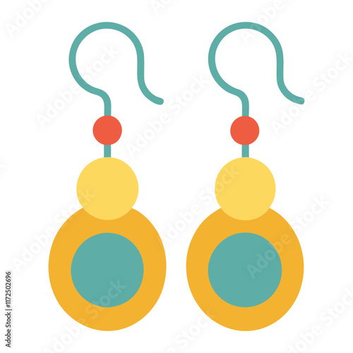 Colorful Circular Dangle Earrings Illustration, Flat vector illustration of stylish dangle earrings with circular shapes in yellow, teal, and red, featuring a modern design. 
