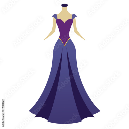 Purple and Blue Evening Gown with Cap Sleeves, A stunning evening gown in purple and blue with cap sleeves and a flowing layered design, ideal for formal events or fashion themes.  
