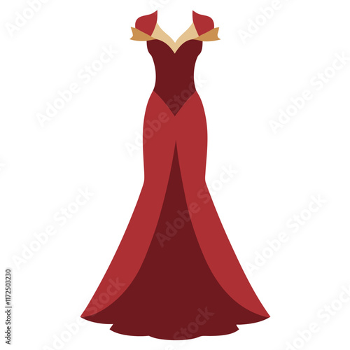 Burgundy Off-Shoulder Gown with Gold Accents, An elegant burgundy off-shoulder gown featuring gold accents and a flowing silhouette, perfect for formal events or fashion designs.  
