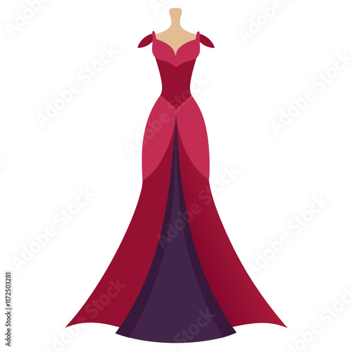 Elegant Burgundy and Pink Evening Gown Illustration, An elegant illustration of a burgundy and pink evening gown with an off-shoulder design, perfect for fashion or formal-themed designs.  
