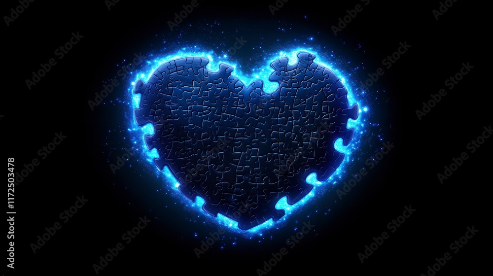 A glowing heart-shaped puzzle piece design illuminated against a dark background, symbolizing love and connection in a unique way. A glowing heart-shaped puzzle piece design illuminated against a dark background, symbolizing love and connection in a unique way.