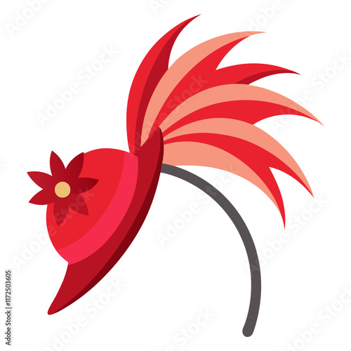 Red Fascinator Headband with Feathers and Flower, A vibrant red fascinator headband featuring bold feathers and a decorative flower, ideal for formal events, fashion, or costume designs. 
