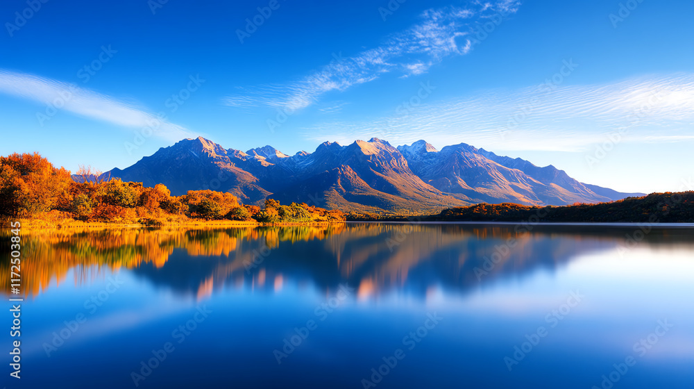 Obraz premium A breathtaking view of majestic mountains reflecting in a serene lake under a clear blue sky, showcasing the beauty of nature.