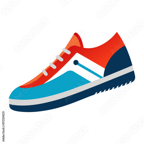 Multicolored Sporty Sneaker with Striped Design, Colorful athletic sneaker featuring a mix of red, blue, and white with lace-up design and a textured sole for grip.  
