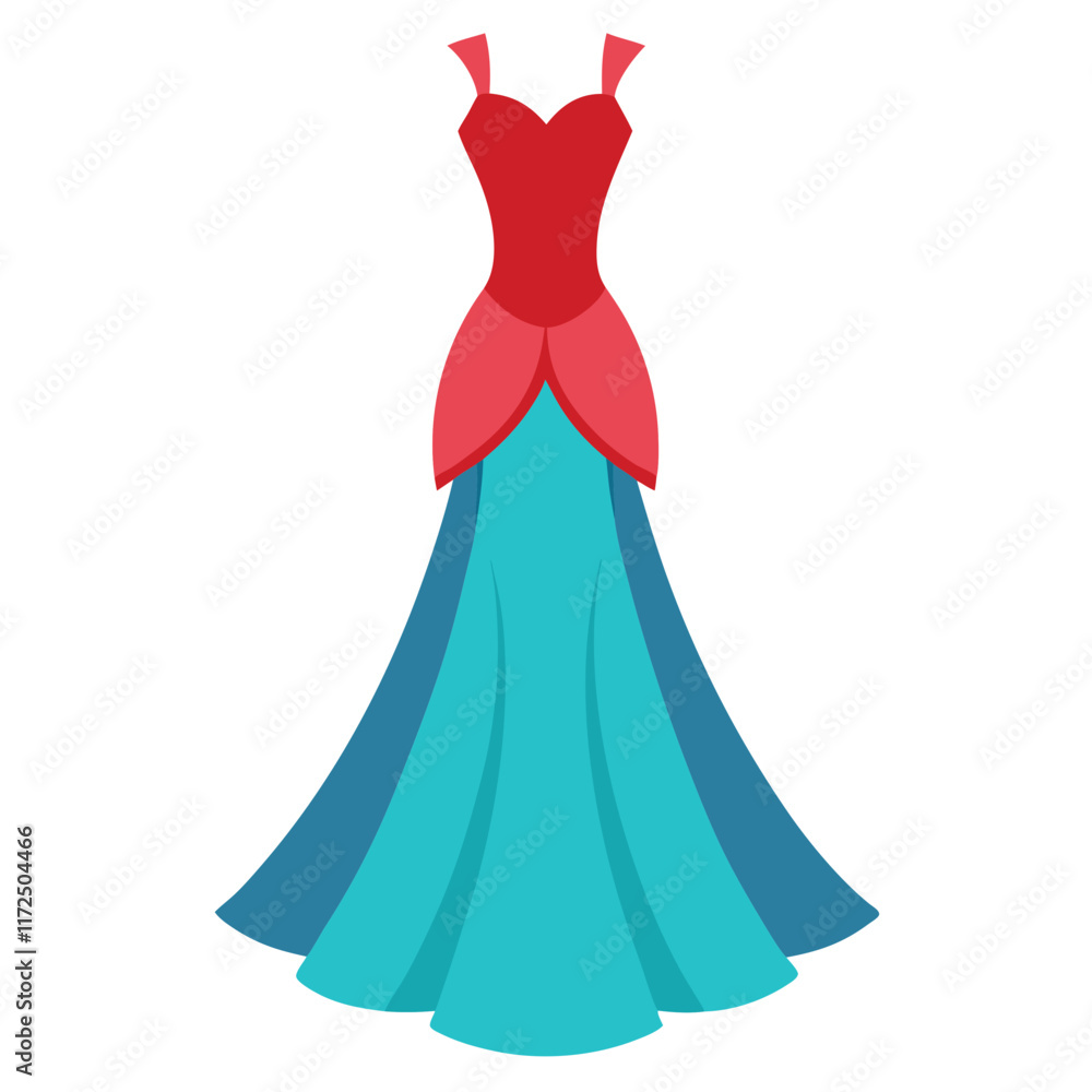 Red and Blue Gown Illustration with Layered Skirt, Flat illustration of a stylish gown featuring a red bodice, pink accents, and a layered blue flared skirt, ideal for formal or festive fashion themes Red and Blue Gown Illustration with Layered Skirt, Flat illustration of a stylish gown featuring a red bodice, pink accents, and a layered blue flared skirt, ideal for formal or festive fashion themes