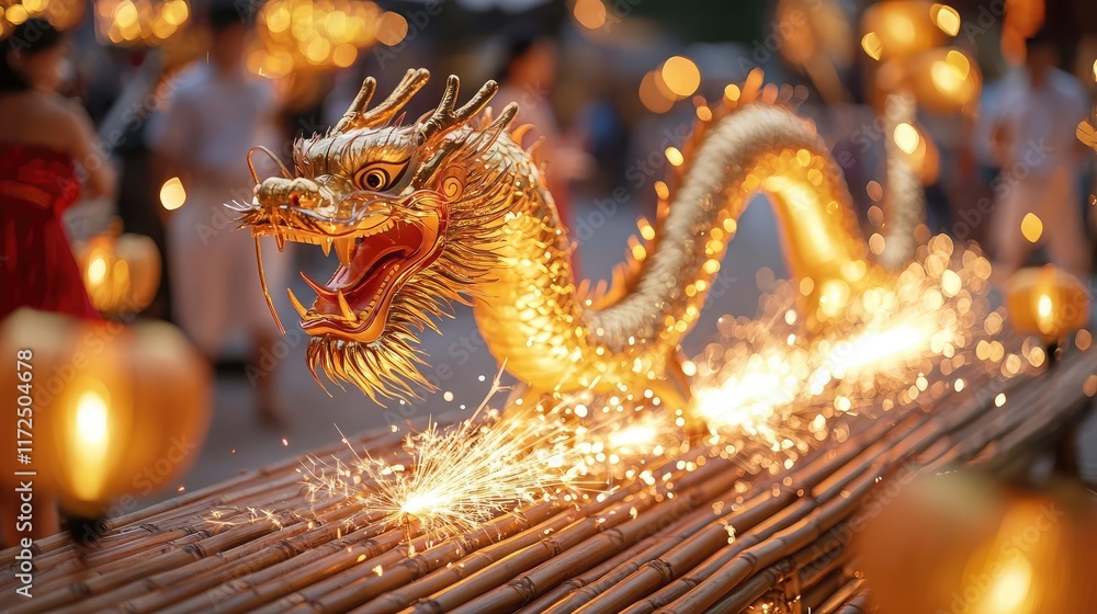 Obraz premium Chinese new year Performers animating a golden dragon on a bamboo platform, glowing lanterns and golden sparks highlighting their dynamic routine