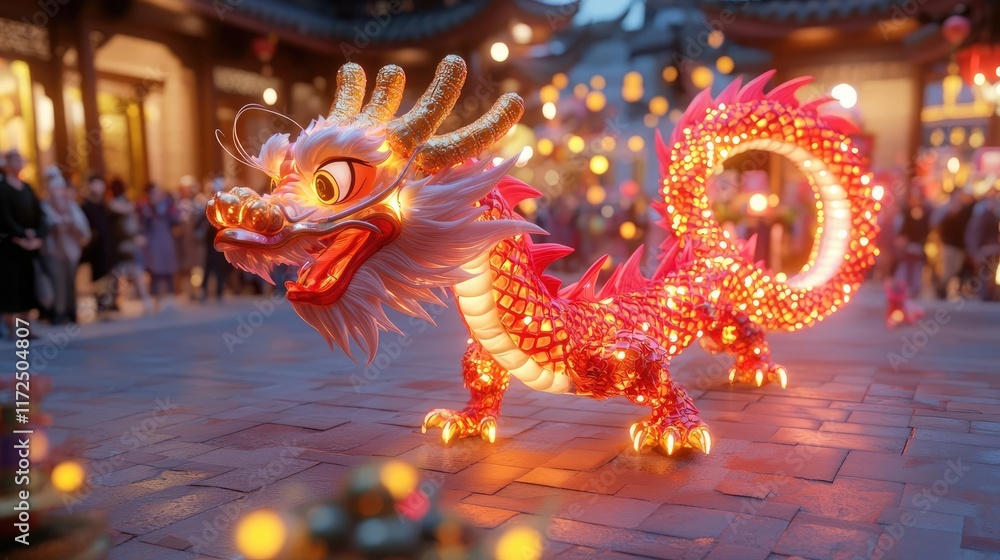 Chinese new year A dragon illuminated by vibrant red and gold light weaving through a bustling festival square, surrounded by spectators Chinese new year A dragon illuminated by vibrant red and gold light weaving through a bustling festival square, surrounded by spectators