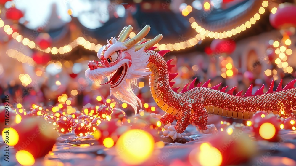 Chinese new year A vibrant dragon weaving through a crowd under glowing firecrackers, red and gold elements capturing the joy of the moment Chinese new year A vibrant dragon weaving through a crowd under glowing firecrackers, red and gold elements capturing the joy of the moment