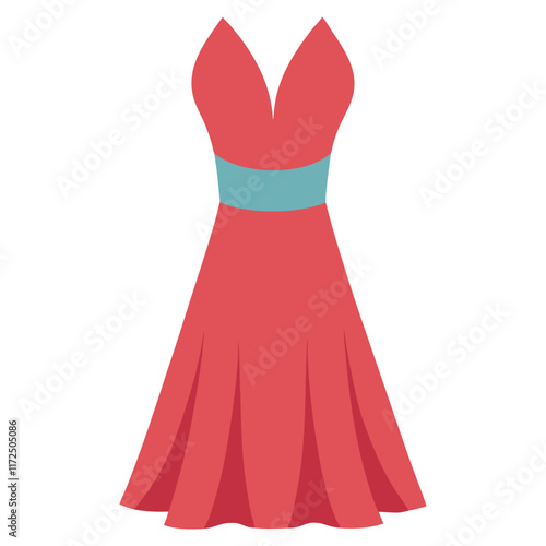 Red Halter Dress Illustration with Blue Belt, Flat illustration of a red halter dress featuring a deep V-neckline, a fitted blue waist belt, and a flowy skirt, ideal for summer or party fashion.  

