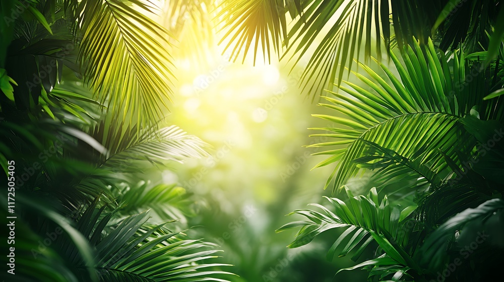 Obraz premium A vibrant tropical frame with lush green palm leaves, their sharp textures and natural curves creating a dynamic border, sunlight casting gentle highlights, the center left blank for text,