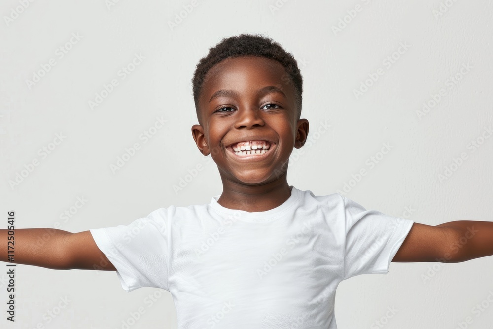 Happy black boy posing with joyful smile against white background. Happy black boy posing with joyful smile against white background.