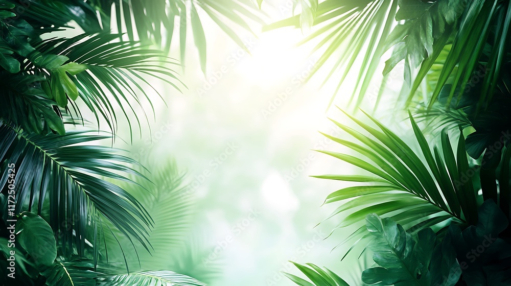 A vibrant tropical paradise border with layered green palm leaves, intricate textures and soft natural light, the center left blank for text, bright and refreshing, hd quality. --ar 16:9 A vibrant tropical paradise border with layered green palm leaves, intricate textures and soft natural light, the center left blank for text, bright and refreshing, hd quality. --ar 16:9