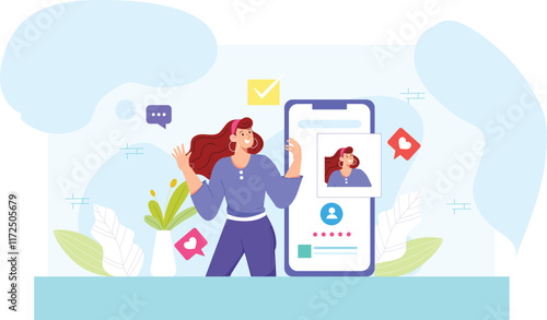 A colorful flat illustration of smartphone users, interacting with social and payment apps, featuring diverse individuals engaged in activities like chatting, sharing content, and making secure paymen