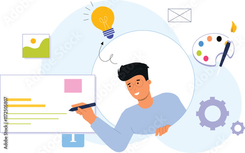 A creative design thinking illustration with a modern touch, featuring a diverse team collaborating around digital devices, sketching ideas on tablets, and using tools like sticky notes and mind maps