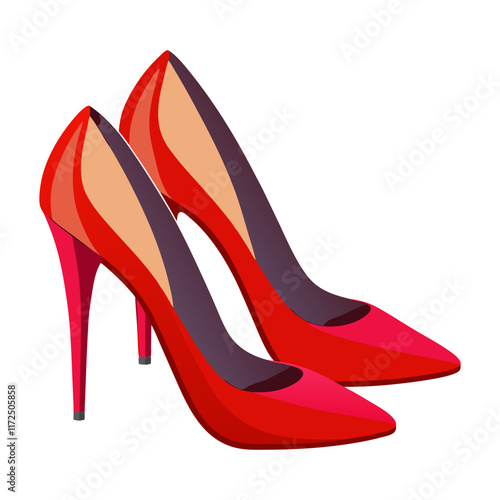 Red High Heels Illustration with Glossy Finish, Flat illustration of a pair of glossy red high-heeled shoes featuring sleek pointed toes and a classic design, perfect for fashion themes.  
