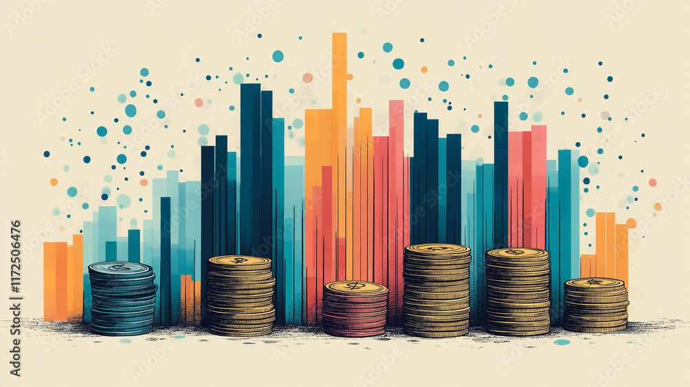 Obraz premium Financial Growth: A captivating illustration depicting coins stacked on a foundation of vibrant bar charts, symbolizing financial success, growth, and wealth. 