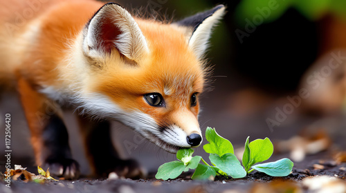 A curious fox explores its natural habitat, sniffing leaves and showcasing its vibrant reddish-orange fur in a serene outdoor setting. photo