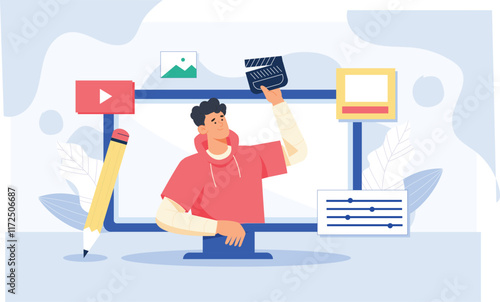 A flat 2D vector style illustration of creative video editing, featuring a computer screen with a timeline, video clips, transition effects, and editing tools like cut, trim, and filters