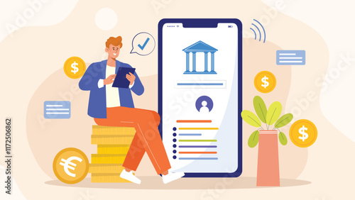 An illustration of digital banking and financial transactions, featuring a user making secure payments and managing accounts through a mobile banking app