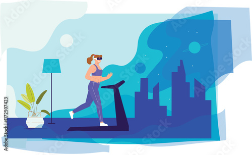 An illustration of a dynamic virtual fitness environment, with users engaging in workouts through VR headsets, surrounded by interactive exercise modules, virtual trainers