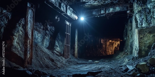 Old nickel mines illuminated by stage lighting featuring two speedlight sources, creating a captivating atmosphere that highlights the unique features of the old nickel mines. photo