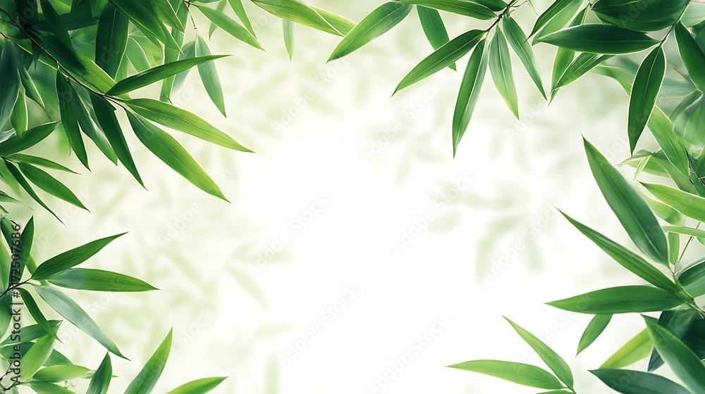 Fototapeta premium A zen-inspired border with elegant bamboo leaves gently curving around the edges, detailed veins and soft shadows enhancing the natural look, clean white space in the center for text,