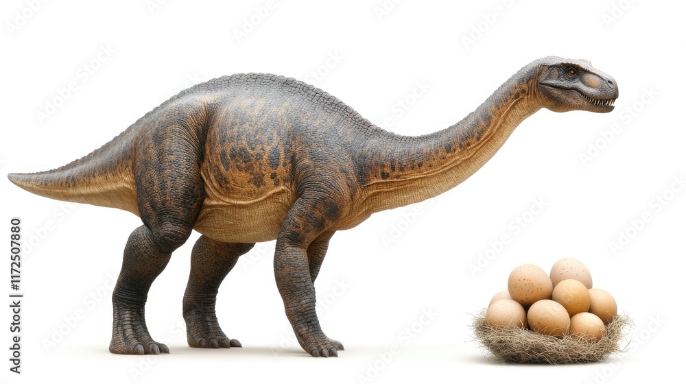Obraz premium A dinosaur stands beside a nest of eggs, showcasing prehistoric life.