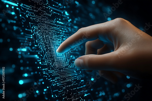 index human finger pressing on a light blue AI chip or processor, highlighting the integration of human interaction and advanced artificial intelligence technology. The design is sleek and futuristic photo