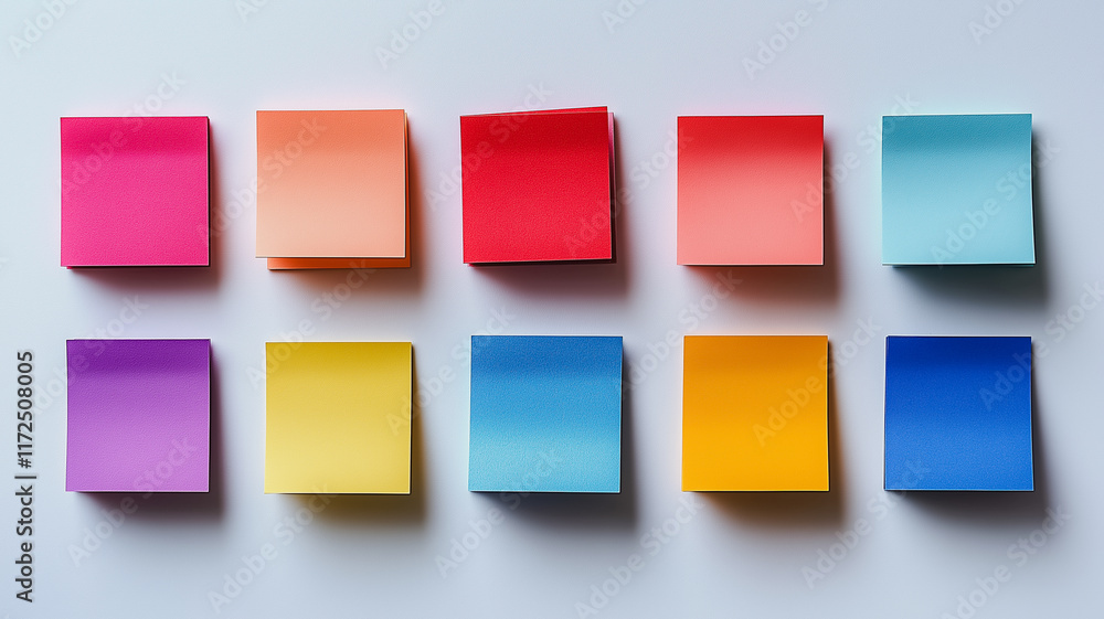 Colorful Post-it Notes: A vibrant collection of ten post-it notes in various colors, arranged in two rows of five, offering a blank canvas for creativity and organization. Colorful Post-it Notes: A vibrant collection of ten post-it notes in various colors, arranged in two rows of five, offering a blank canvas for creativity and organization.
